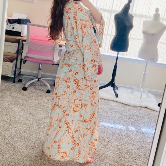 Maaji Light Blue Orange Long Floral Tropical Vacation Kimono Swim Coverup Robe - Picture 1 of 5